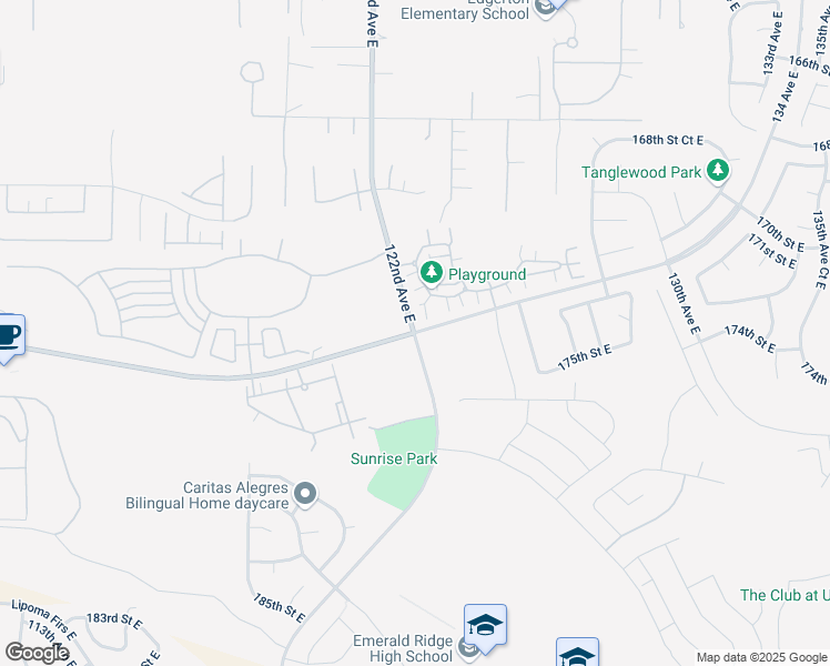 map of restaurants, bars, coffee shops, grocery stores, and more near 122nd Ave E & Sunrise Blvd in South Hill