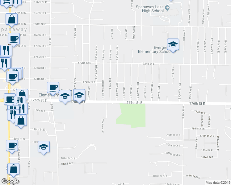 map of restaurants, bars, coffee shops, grocery stores, and more near 17406 9th Avenue East in Spanaway