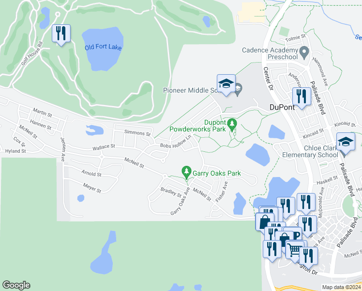 map of restaurants, bars, coffee shops, grocery stores, and more near 2125 Bobs Hollow Lane in DuPont