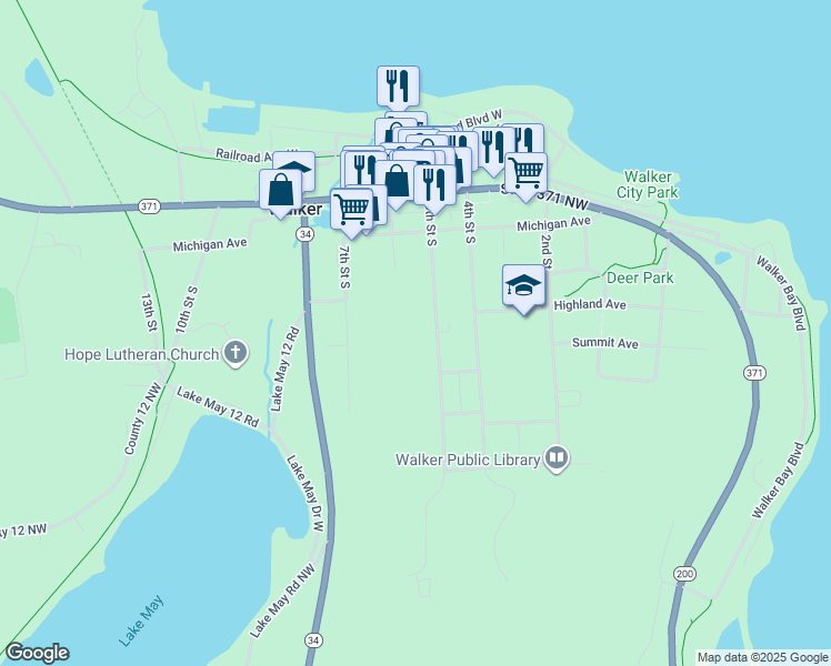 map of restaurants, bars, coffee shops, grocery stores, and more near 300 5th Street in Walker