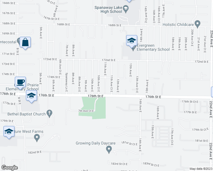 map of restaurants, bars, coffee shops, grocery stores, and more near 17417 11th Avenue East in Spanaway