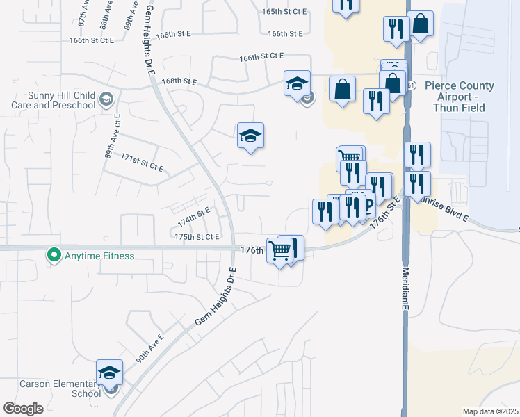 map of restaurants, bars, coffee shops, grocery stores, and more near 9512 173rd Street Court East in Puyallup