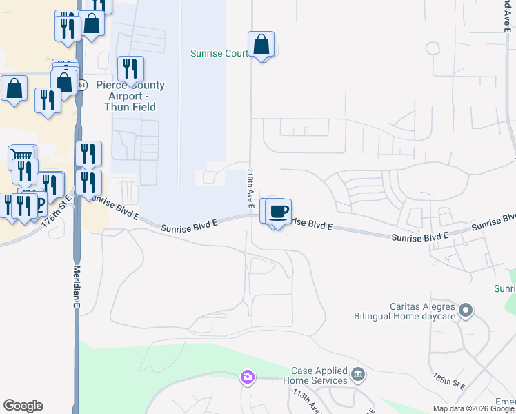 map of restaurants, bars, coffee shops, grocery stores, and more near 17415 110th Avenue East in Puyallup
