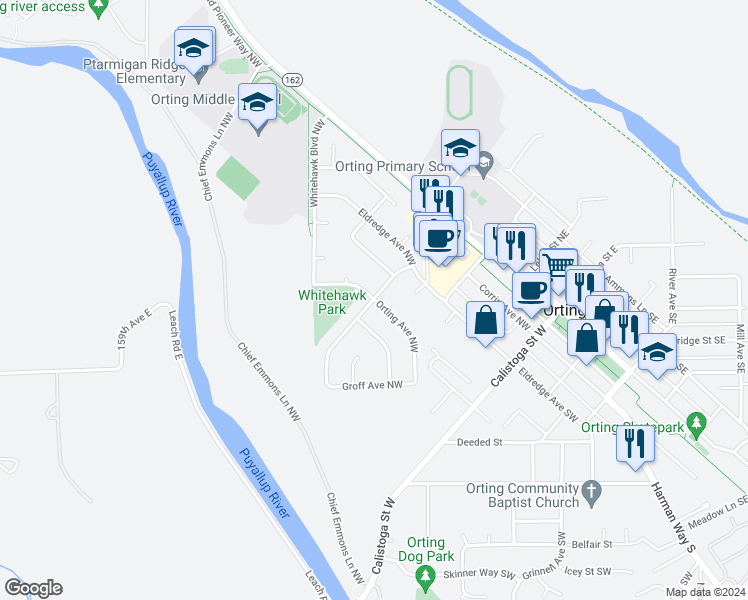 map of restaurants, bars, coffee shops, grocery stores, and more near 399 Orting Avenue Northwest in Orting