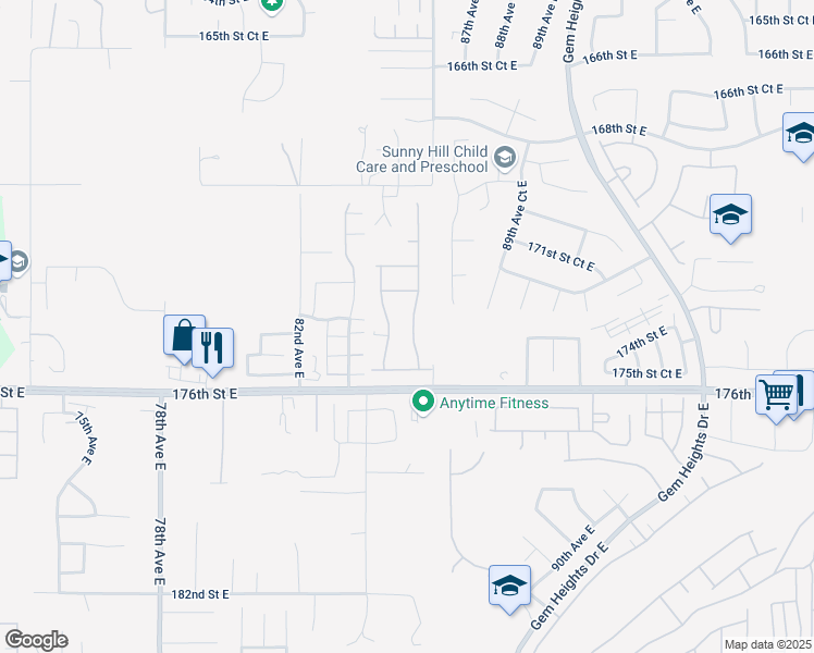 map of restaurants, bars, coffee shops, grocery stores, and more near 17406 85th Avenue Court East in Puyallup