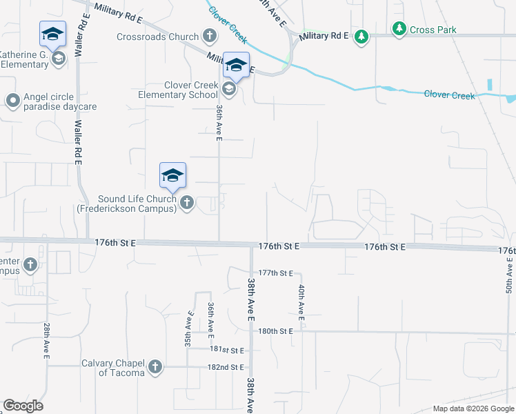 map of restaurants, bars, coffee shops, grocery stores, and more near 17407 36th Avenue East in Tacoma