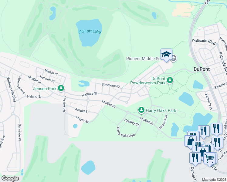 map of restaurants, bars, coffee shops, grocery stores, and more near 2055 Simmons Street in DuPont