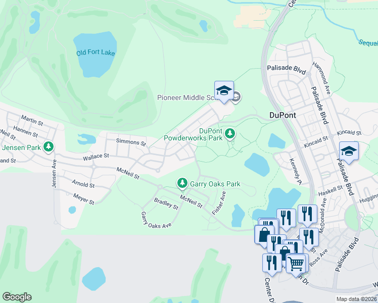 map of restaurants, bars, coffee shops, grocery stores, and more near 1975 Garry Oaks Avenue in DuPont