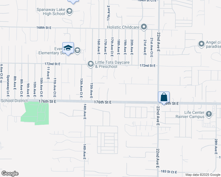 map of restaurants, bars, coffee shops, grocery stores, and more near 17407 17th Avenue East in Spanaway
