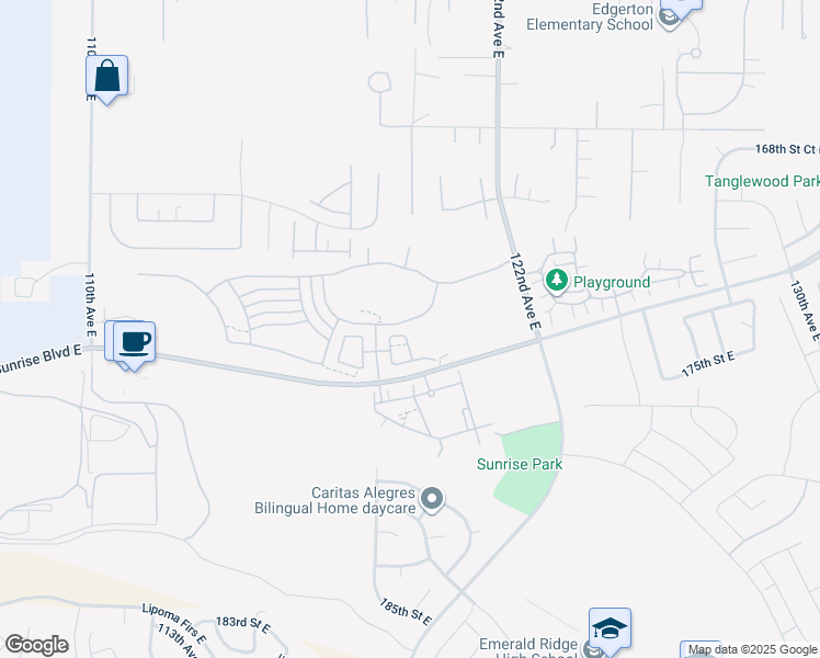 map of restaurants, bars, coffee shops, grocery stores, and more near 11905 173rd Street East in Puyallup