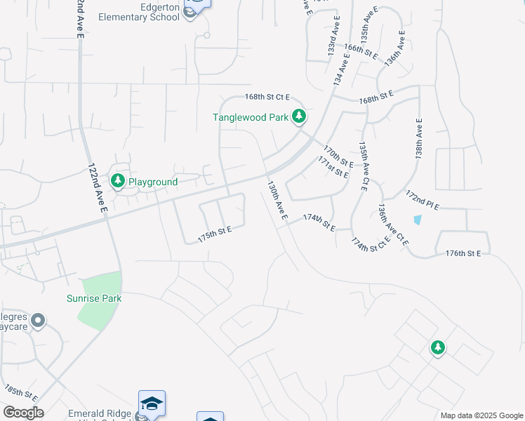 map of restaurants, bars, coffee shops, grocery stores, and more near 17326 129th Avenue East in Puyallup