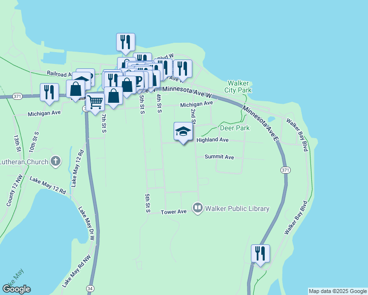 map of restaurants, bars, coffee shops, grocery stores, and more near 301 4th Street South in Walker