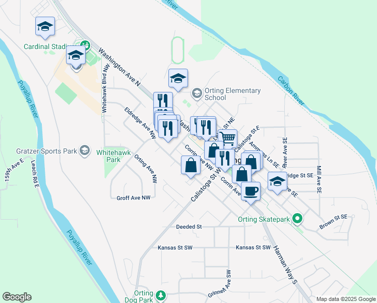 map of restaurants, bars, coffee shops, grocery stores, and more near 215 Corrin Avenue Northwest in Orting