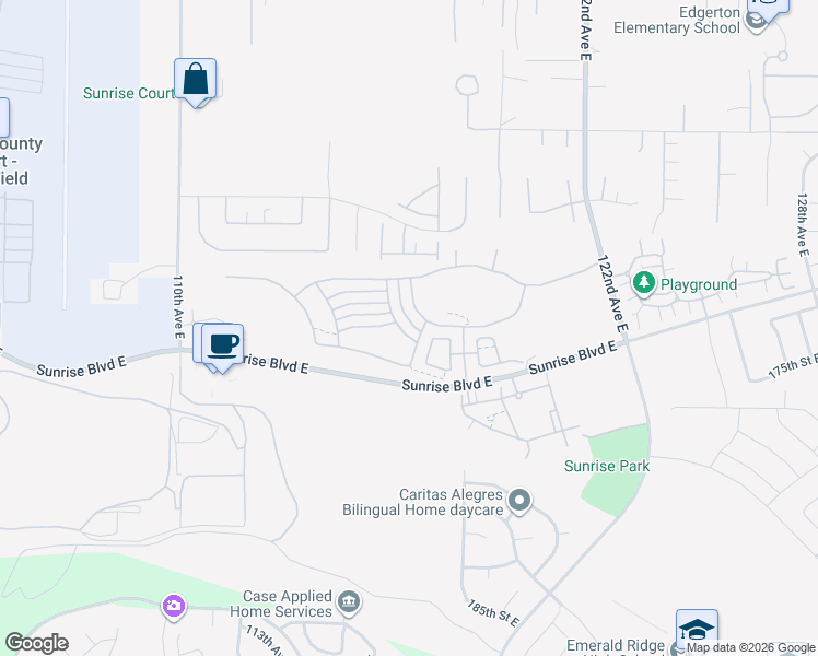 map of restaurants, bars, coffee shops, grocery stores, and more near 17321 116th Avenue East in Puyallup