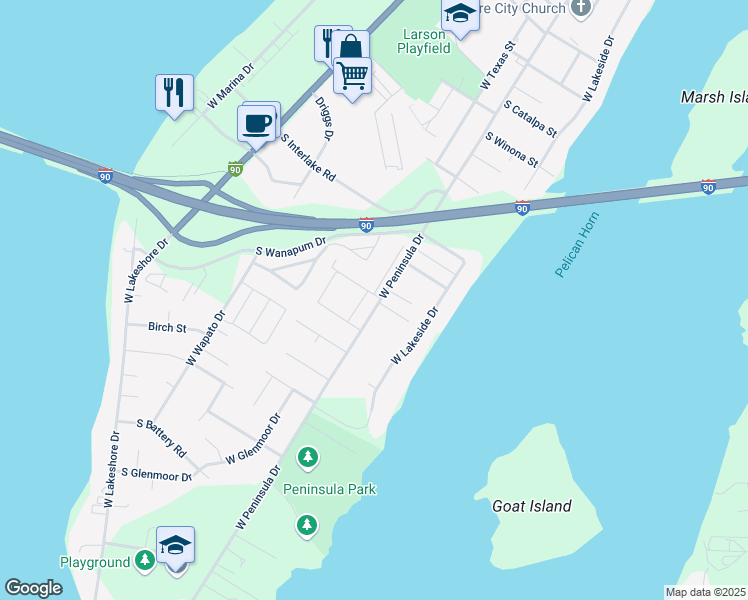 map of restaurants, bars, coffee shops, grocery stores, and more near 3010 West Peninsula Drive in Moses Lake