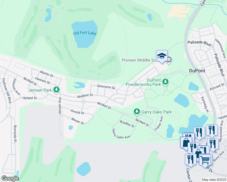 map of restaurants, bars, coffee shops, grocery stores, and more near 2055 Simmons Street in DuPont