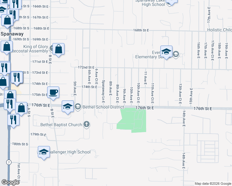 map of restaurants, bars, coffee shops, grocery stores, and more near 17406 9th Avenue East in Spanaway