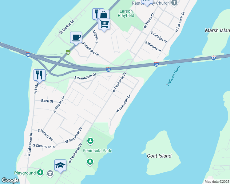 map of restaurants, bars, coffee shops, grocery stores, and more near 3010 West Peninsula Drive in Moses Lake
