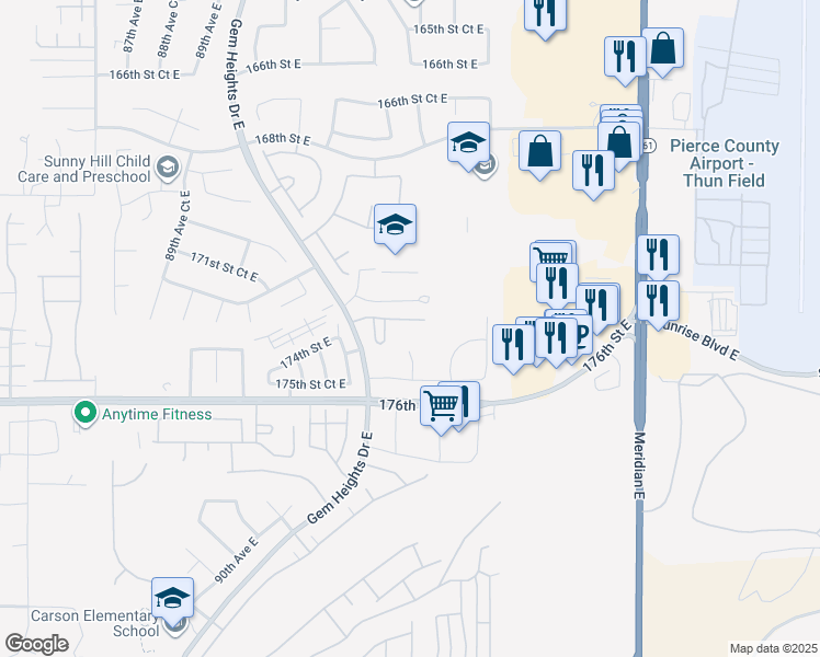 map of restaurants, bars, coffee shops, grocery stores, and more near 9512 173rd Street Court East in Puyallup