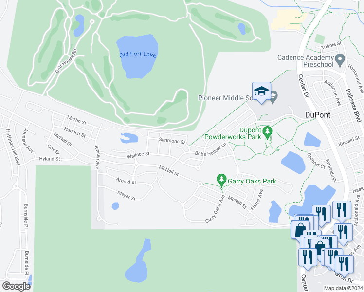 map of restaurants, bars, coffee shops, grocery stores, and more near 2075 Simmons Street in DuPont