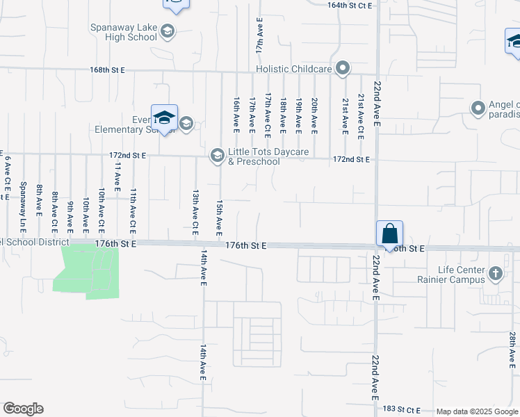 map of restaurants, bars, coffee shops, grocery stores, and more near 17407 17th Avenue East in Spanaway