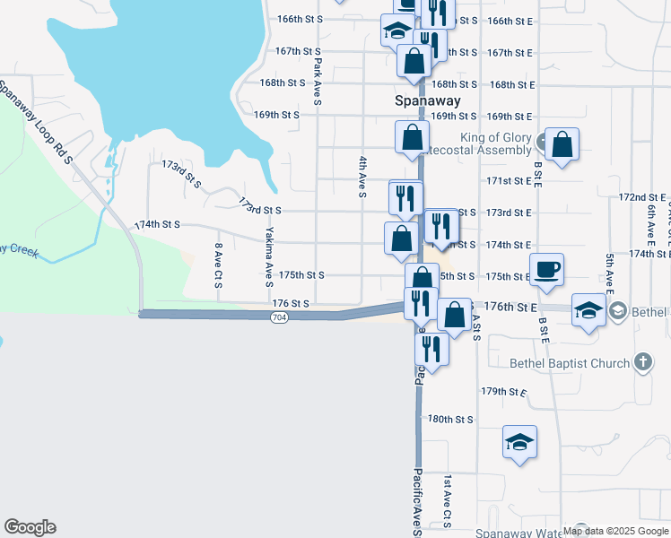 map of restaurants, bars, coffee shops, grocery stores, and more near 427 175th Street South in Spanaway
