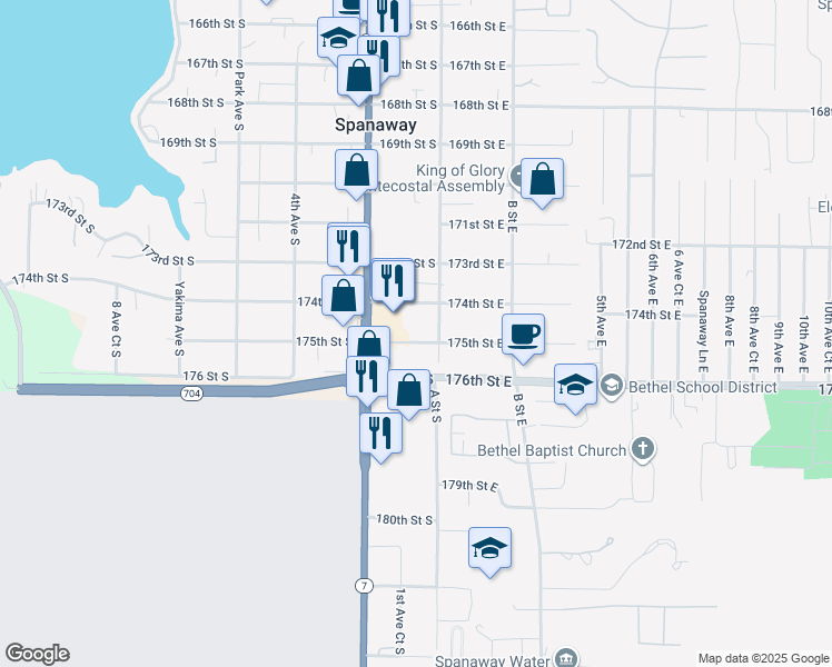 map of restaurants, bars, coffee shops, grocery stores, and more near 113 175th Street South in Spanaway