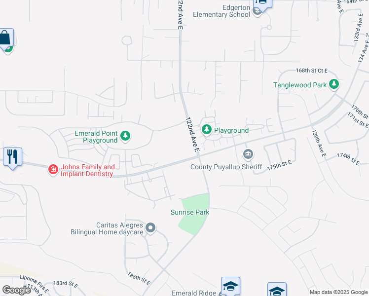 map of restaurants, bars, coffee shops, grocery stores, and more near 17424 122nd Avenue East in Puyallup