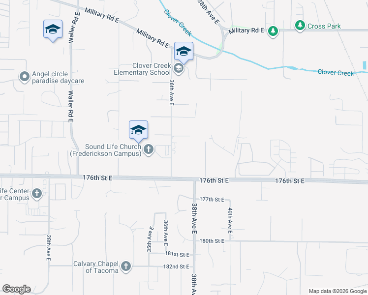 map of restaurants, bars, coffee shops, grocery stores, and more near 17407 36th Avenue East in Tacoma