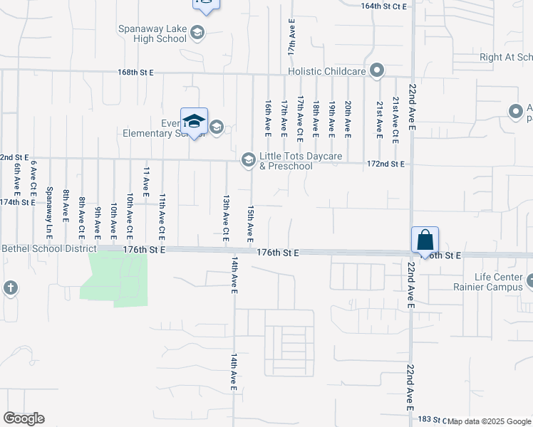map of restaurants, bars, coffee shops, grocery stores, and more near 17408 16th Avenue East in Spanaway