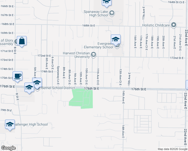 map of restaurants, bars, coffee shops, grocery stores, and more near 17408 11th Avenue East in Spanaway
