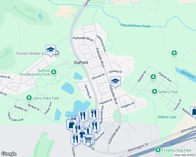 map of restaurants, bars, coffee shops, grocery stores, and more near 1461 Kincaid Street in DuPont