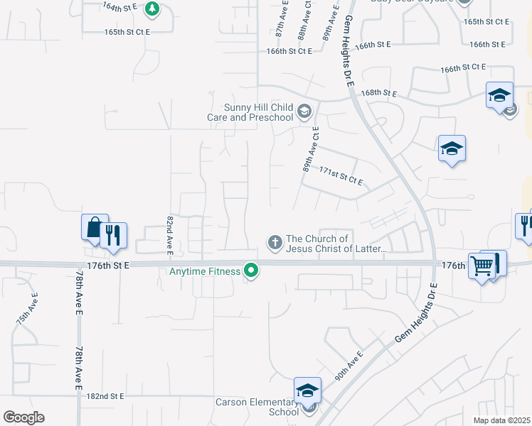 map of restaurants, bars, coffee shops, grocery stores, and more near 17320 87th Avenue Court East in Puyallup
