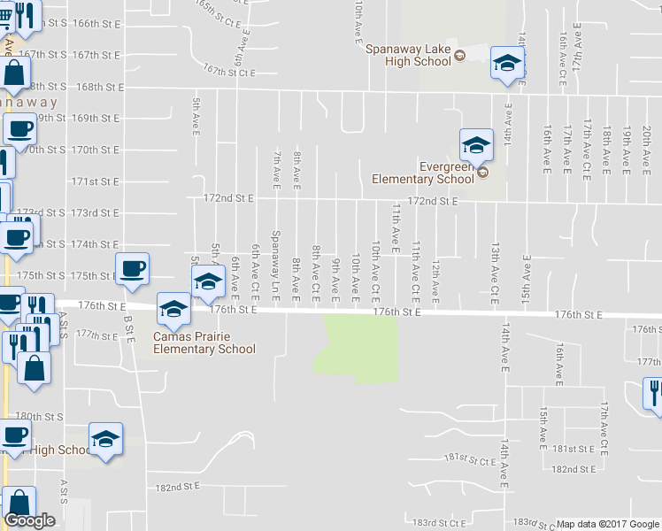 map of restaurants, bars, coffee shops, grocery stores, and more near 17406 9th Avenue East in Spanaway