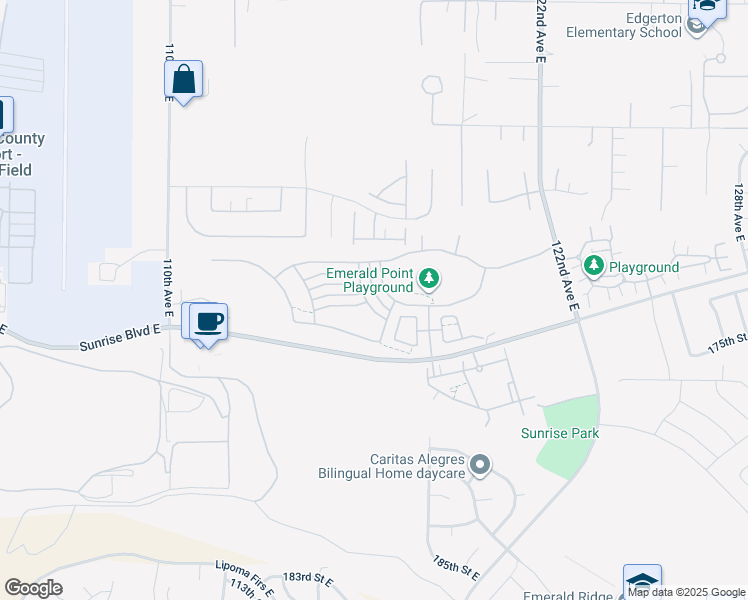 map of restaurants, bars, coffee shops, grocery stores, and more near 17321 116th Avenue East in Puyallup