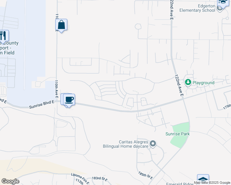map of restaurants, bars, coffee shops, grocery stores, and more near 17321 116th Avenue East in Puyallup