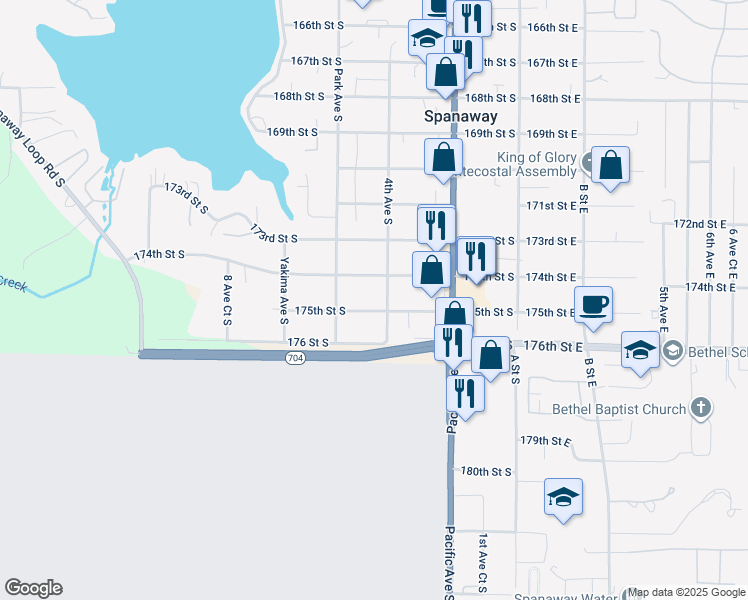 map of restaurants, bars, coffee shops, grocery stores, and more near 427 175th Street South in Spanaway