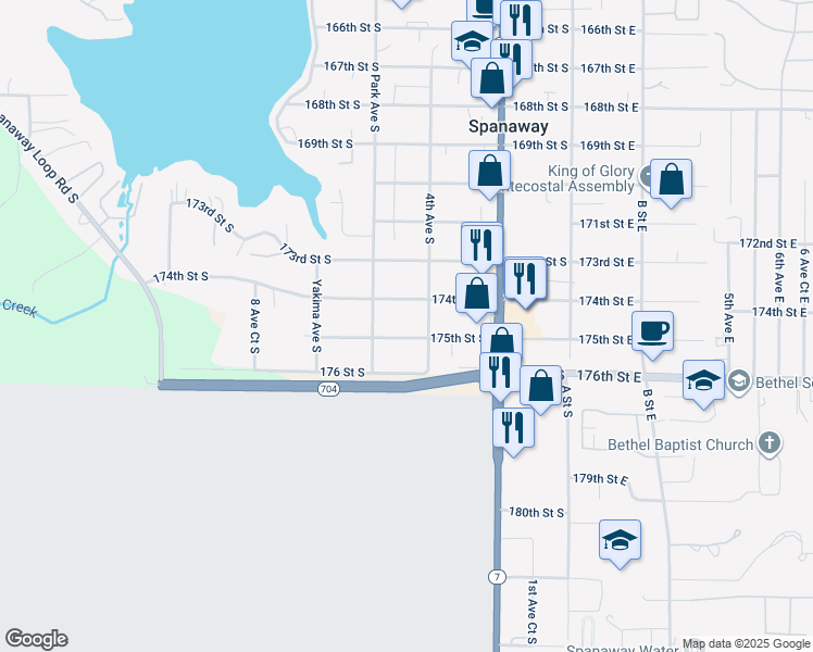 map of restaurants, bars, coffee shops, grocery stores, and more near 427 175th Street South in Spanaway