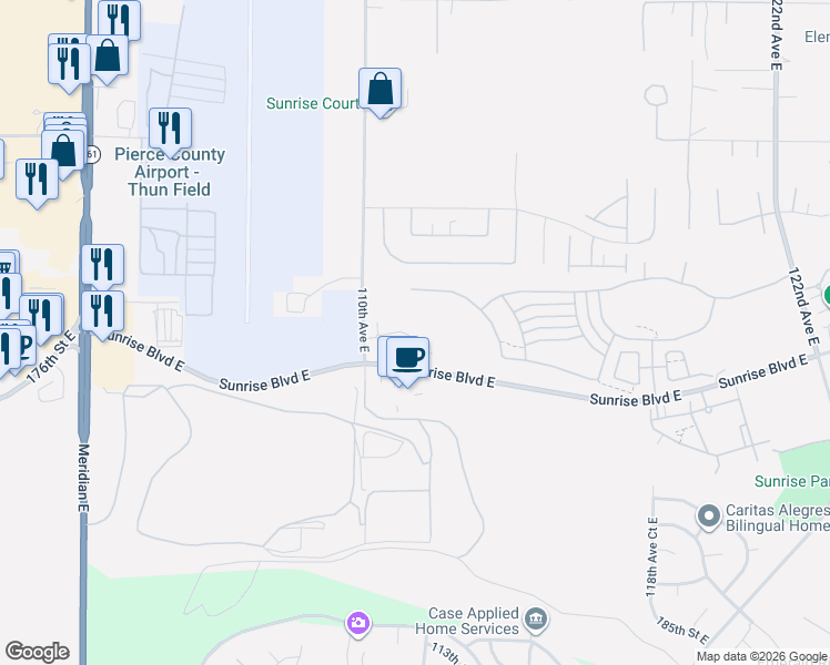 map of restaurants, bars, coffee shops, grocery stores, and more near 17415 110th Avenue East in Puyallup