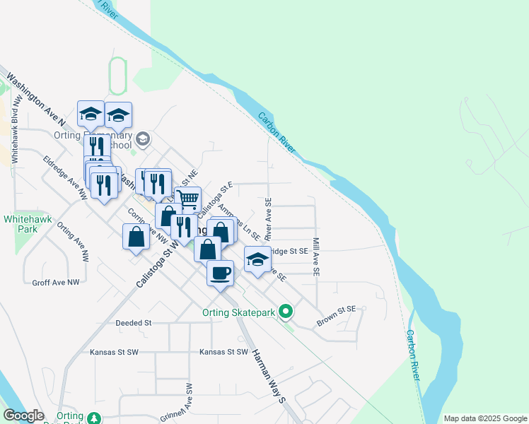 map of restaurants, bars, coffee shops, grocery stores, and more near 203 River Avenue Southeast in Orting