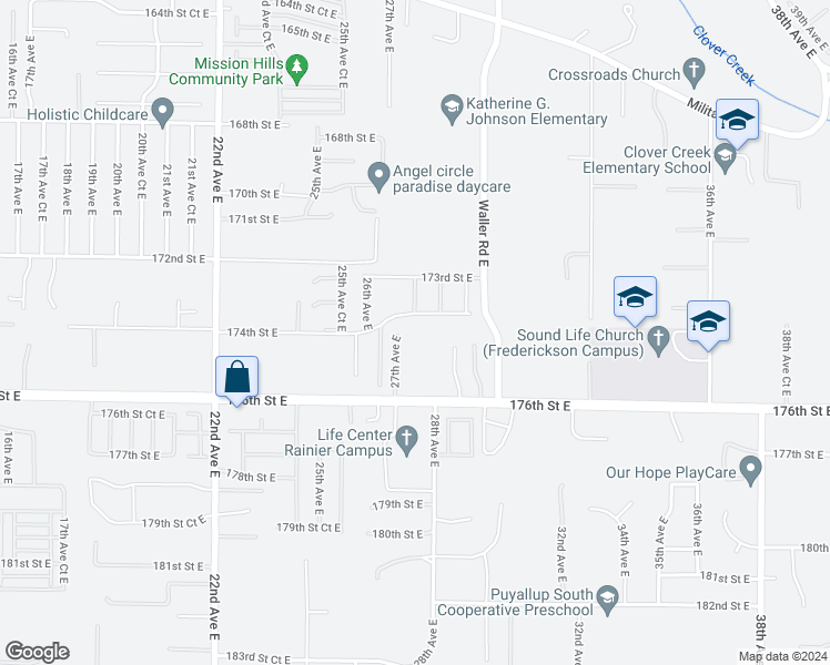 map of restaurants, bars, coffee shops, grocery stores, and more near 2704 174th Street East in Tacoma