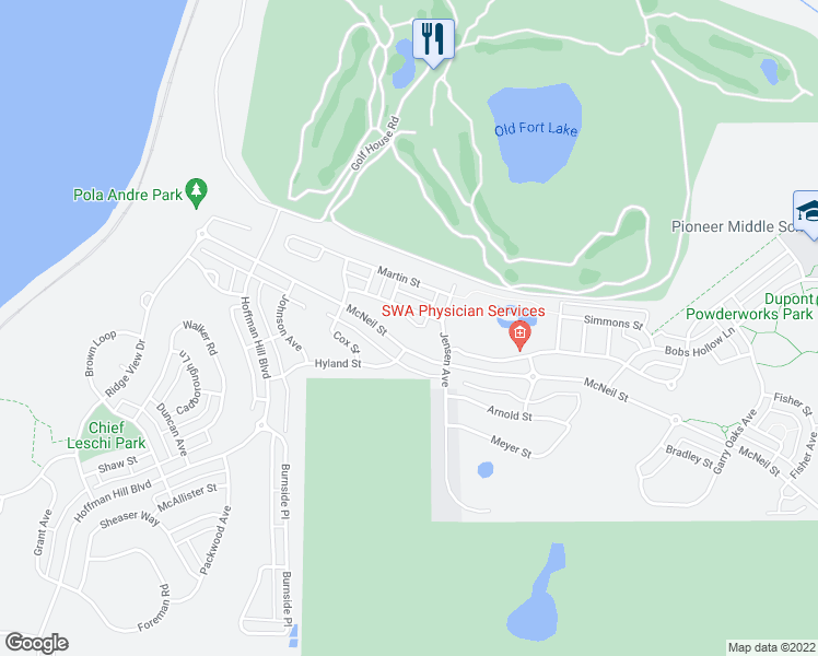 map of restaurants, bars, coffee shops, grocery stores, and more near 2829 Hannen Street in DuPont