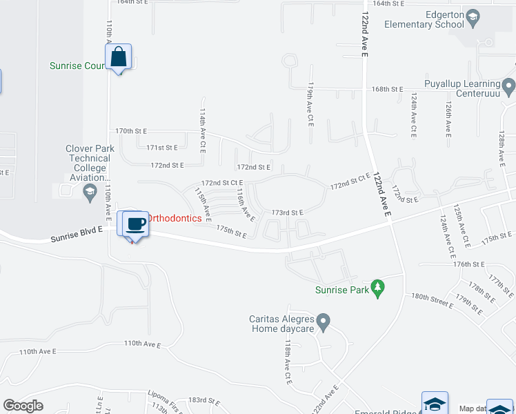 map of restaurants, bars, coffee shops, grocery stores, and more near 17321 116th Avenue East in Puyallup