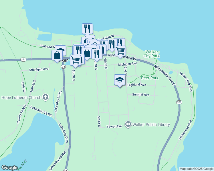 map of restaurants, bars, coffee shops, grocery stores, and more near 301 4th Street South in Walker