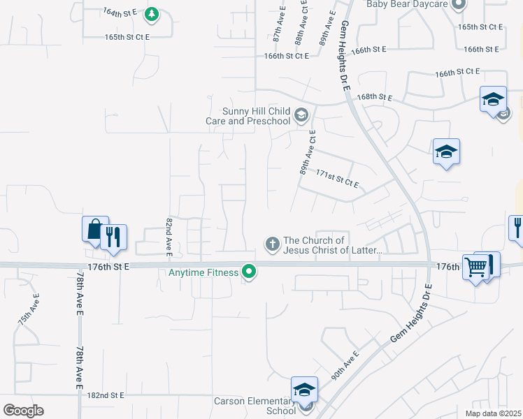 map of restaurants, bars, coffee shops, grocery stores, and more near 17320 87th Avenue Court East in Puyallup