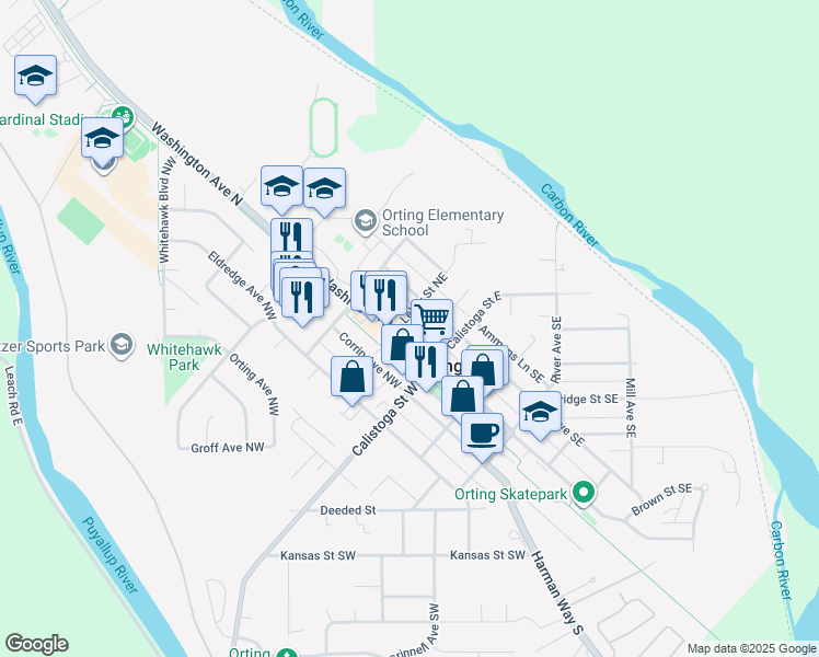 map of restaurants, bars, coffee shops, grocery stores, and more near  in Orting