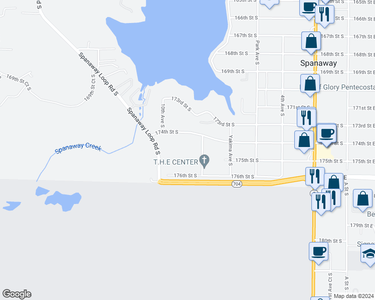 map of restaurants, bars, coffee shops, grocery stores, and more near 847 176 Street South in Spanaway