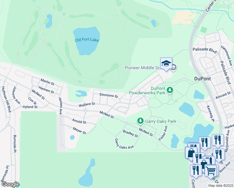 map of restaurants, bars, coffee shops, grocery stores, and more near 2055 Simmons Street in DuPont