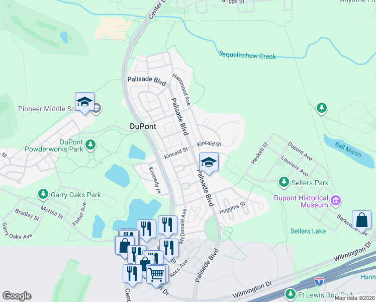map of restaurants, bars, coffee shops, grocery stores, and more near 1873 Palisade Boulevard in DuPont