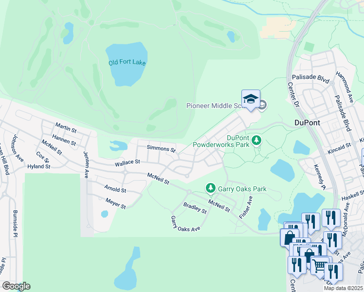 map of restaurants, bars, coffee shops, grocery stores, and more near 2055 Simmons Street in DuPont